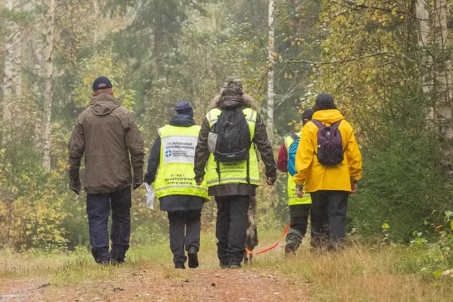 Ryhmä vapaaehtoisen pelastuspalvelun jäseniä ja koira kävelevät syksyisellä metsätiellä pois päin kamerasta. 